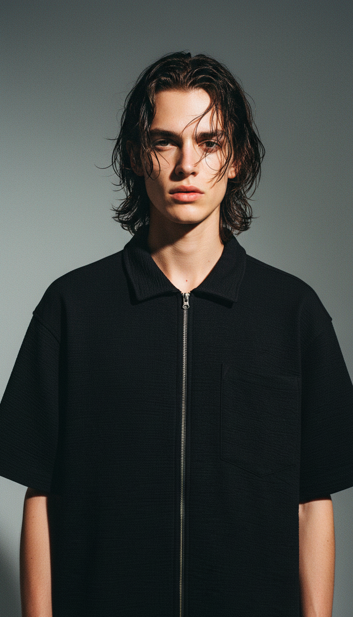 Black Zip Front Collared Top