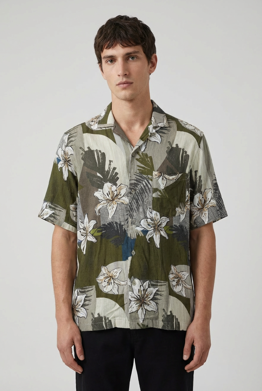 Olive Green Tropical Floral Shirt